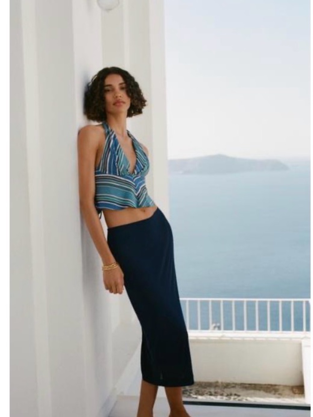 Zara Blue and Teal Striped linen blend Halter Top